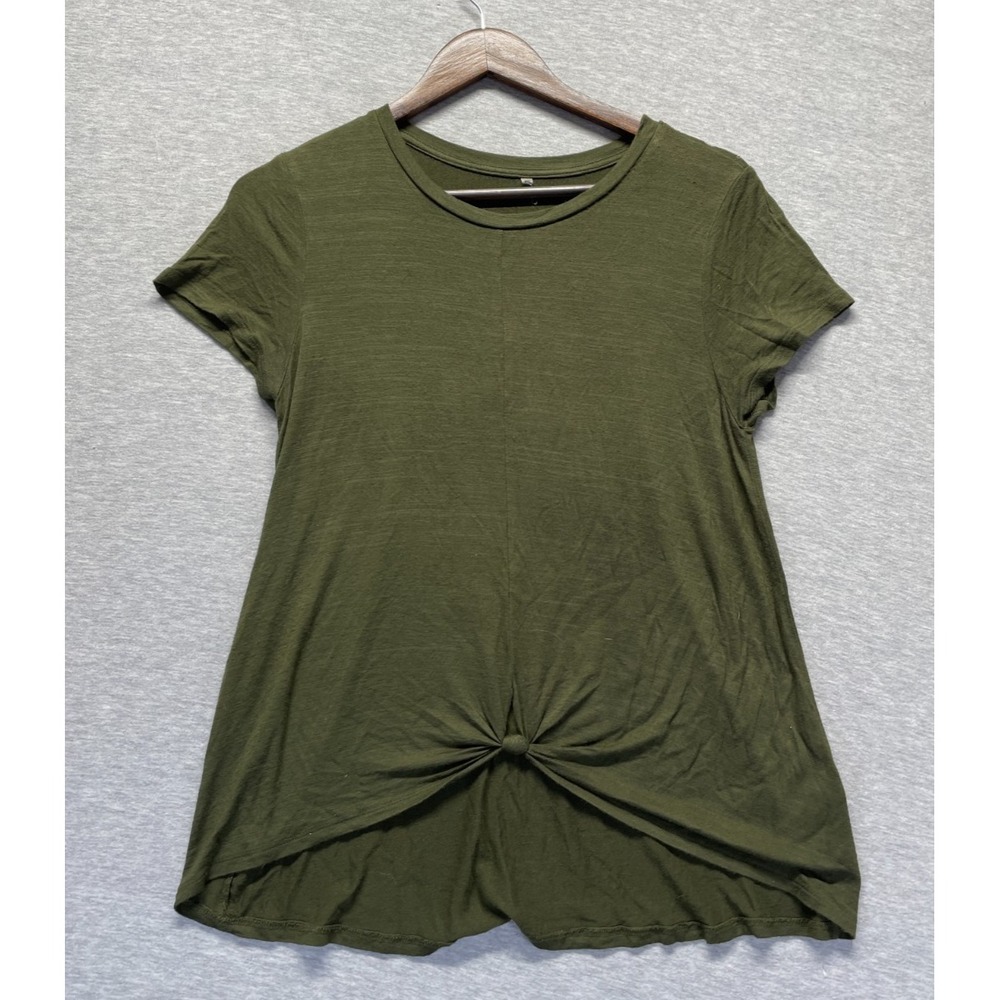 Women Blouse Top Small Olive Green Rayon Slub Knit Round Neck Knotted Hem Detail